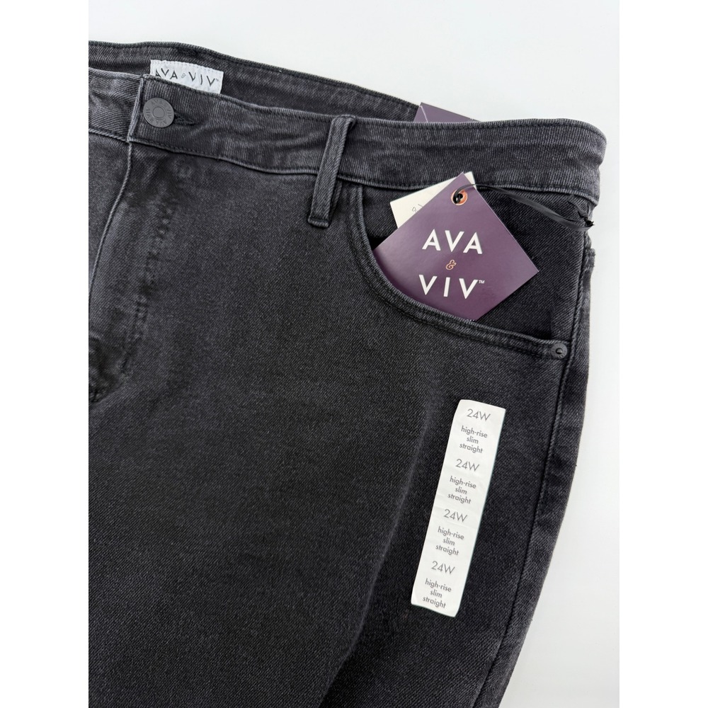 Ava & Viv Womens 24W High-Rise Slim Straight Jeans Washed Black Plus Size NEW